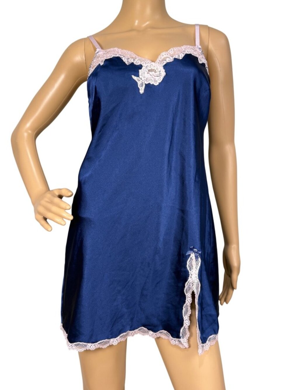 Y2K Victoria's Secret Navy Blue Satin Chemise Nightgown Pink Lace Trim Adjustabl